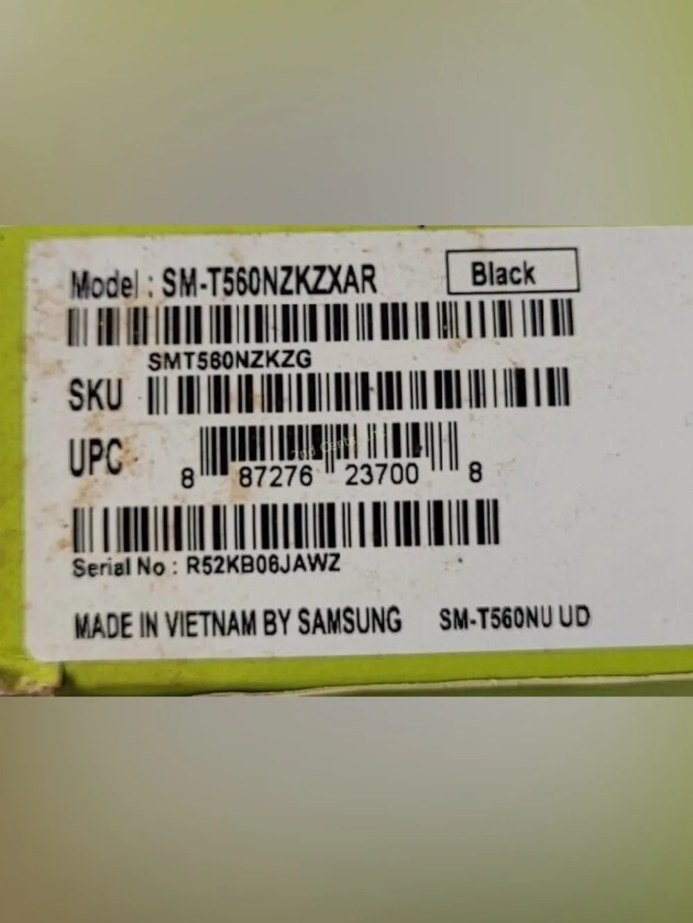 Samsung Galaxy Tab E Lime Green Box
